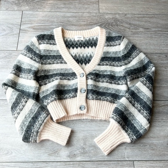 Aritzia Striped Wool Fair Isle Cardigan in Cream and Gray - Picture 7 of 15